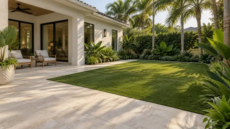 Artificial turf garden concept with a shady sitting area