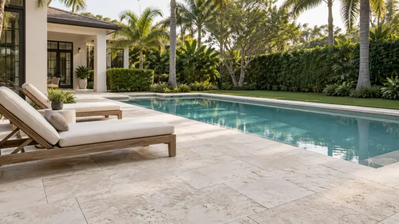 Design concept of a warm stone pool terrace and shaded seating